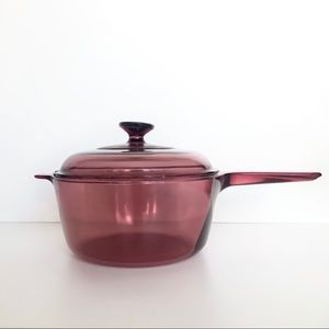 Vintage Pyrex Vision Corning Cranberry Pot w/ Lid